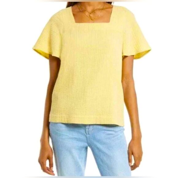 Madewell Lightspun Harlow Square Neck Crisp Pear Yellow Blouse S - Picture 1 of 5